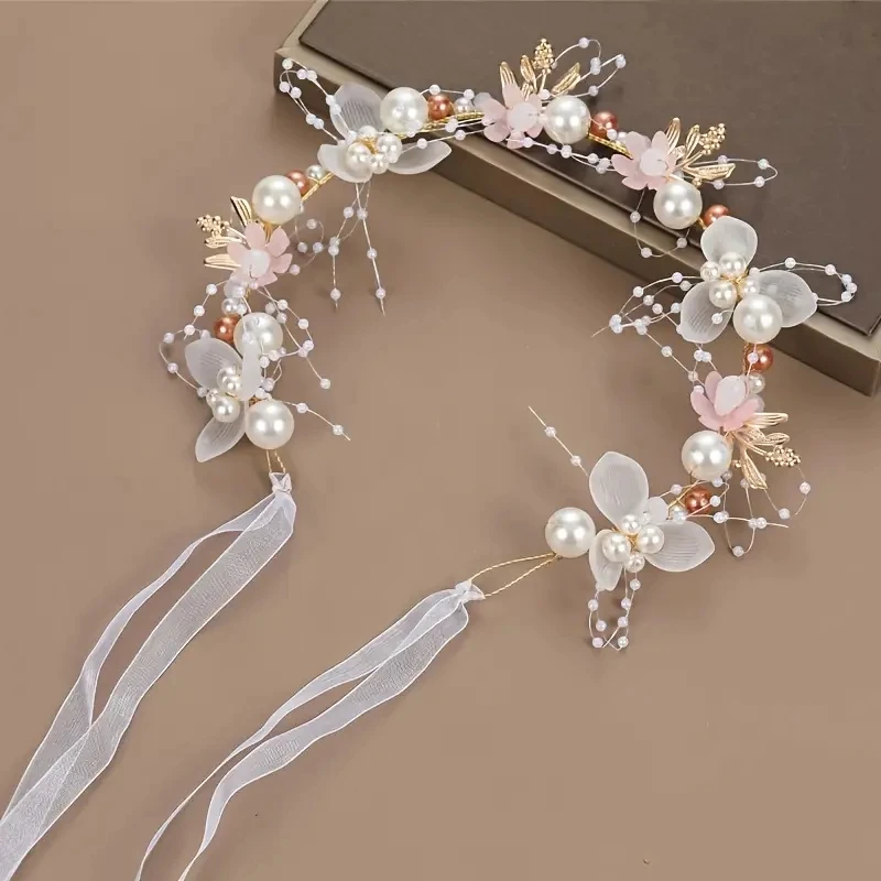 1pc Sweet Girl Pearl Hair Accessory Romantic Flower Wreath Children's Gift Girl Kawaii Jewelry Fashion Headband Hair Accessory-6