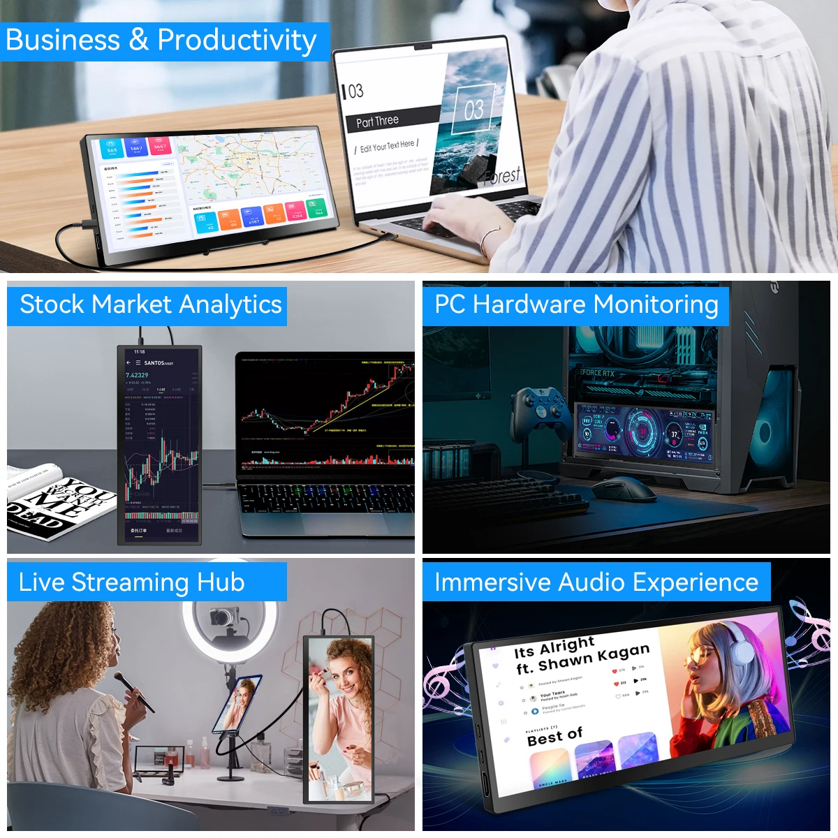 12.3 inch touch screen monitor with HDMI and Type C, 1920x720 IPS display, LCD bar computer secondary extension screen-5