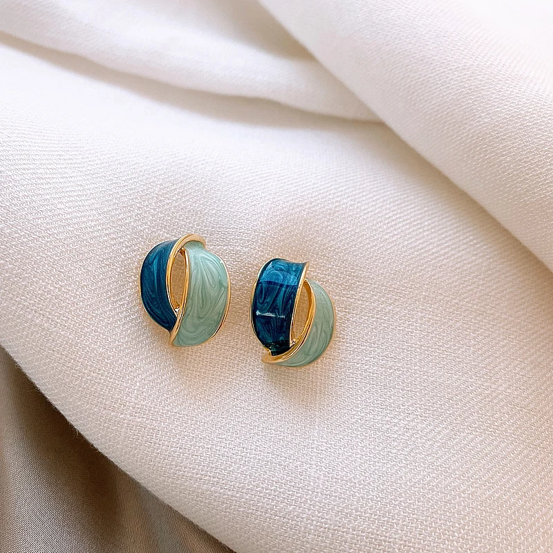 Korean Double Arc Cross Enamel Stud Earring for Women Personality Contrast Color Blue Geometric Earring Jewelry Party Pendientes-3