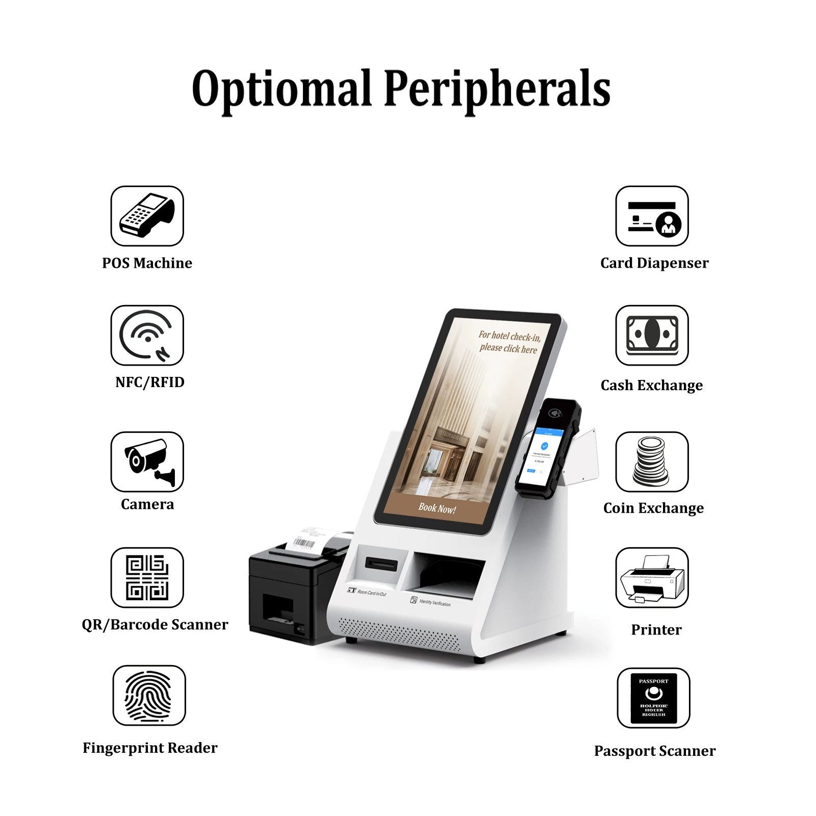 Hotel Desktop Self Check in Kiosk Android Pos Payment Kiosk Touch Screen Self Service Kiosk With Passport Scanner Card Dispenser-3