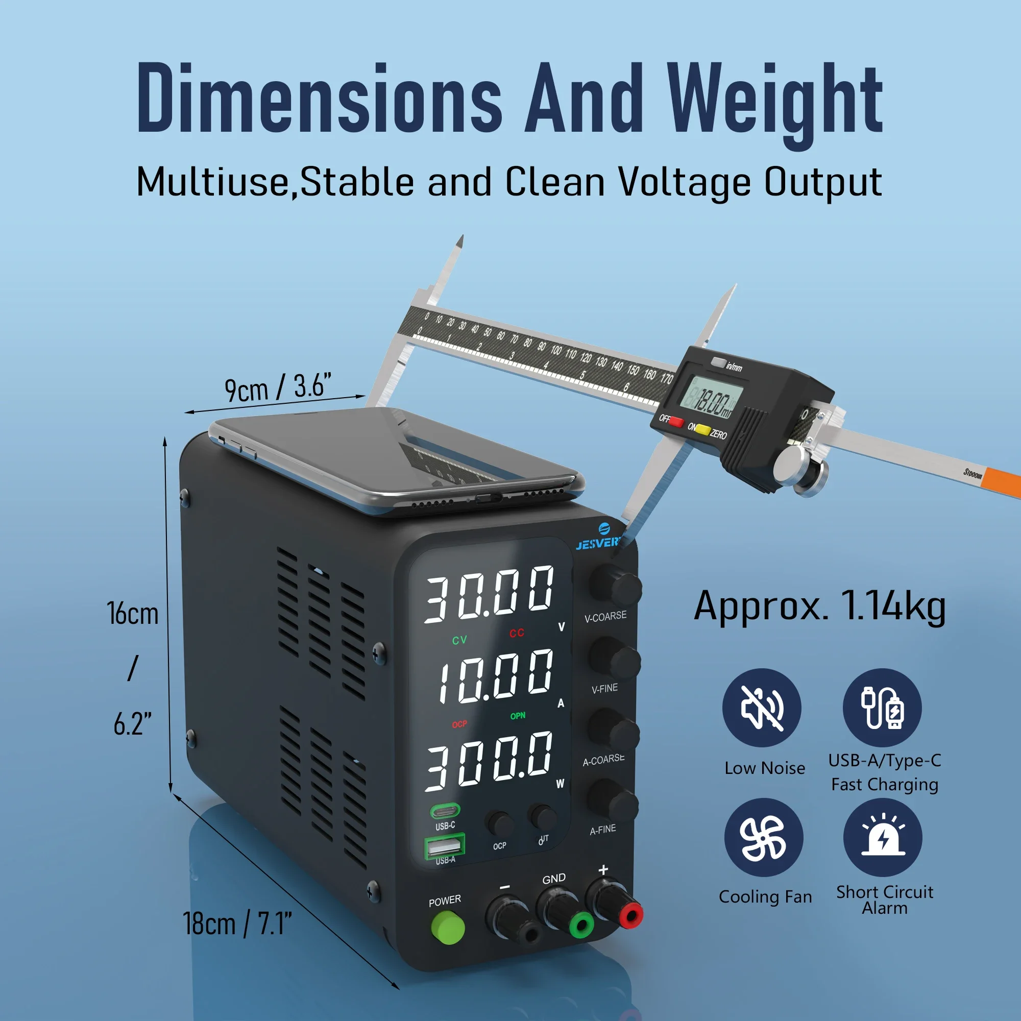 Jesverty DC Lab Power Supply 30V 60V 120V Bench Power Supply Encoder Regulate Voltage and Current Dual Input Voltage 220V/110V-3