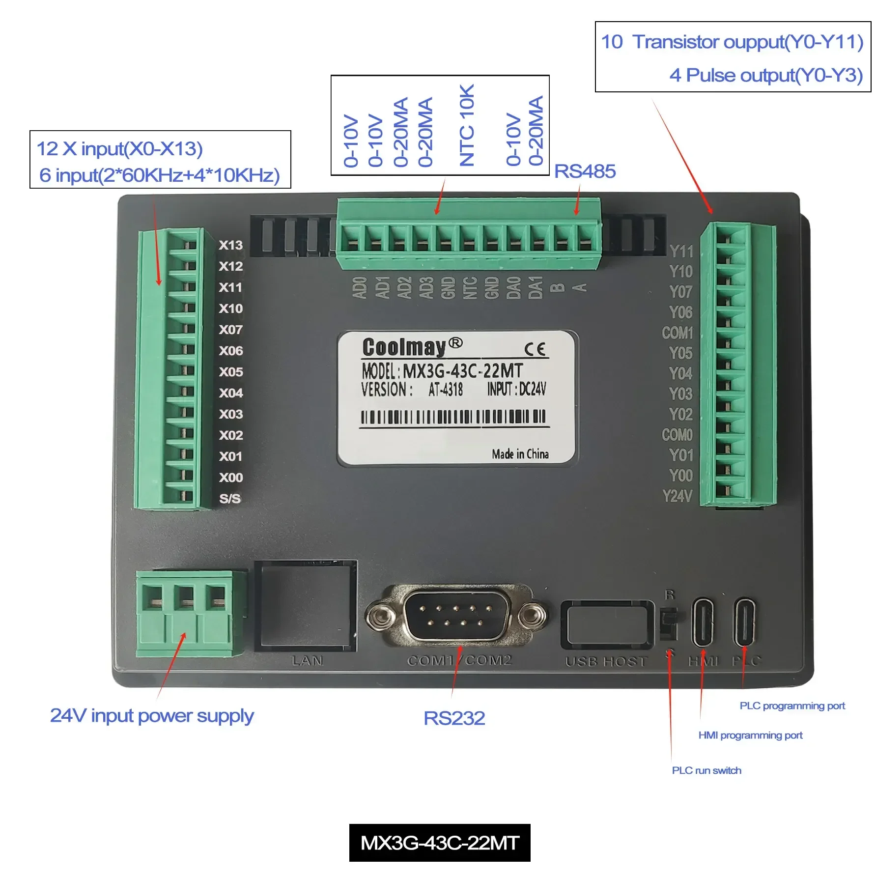Coolmay PLC HMI MX3G 70C 40C 50C C40 All in One Integrated Ethernet Compatible FX3G/FX3U/FX3S Support MODBUS RS485 GX Works2-4