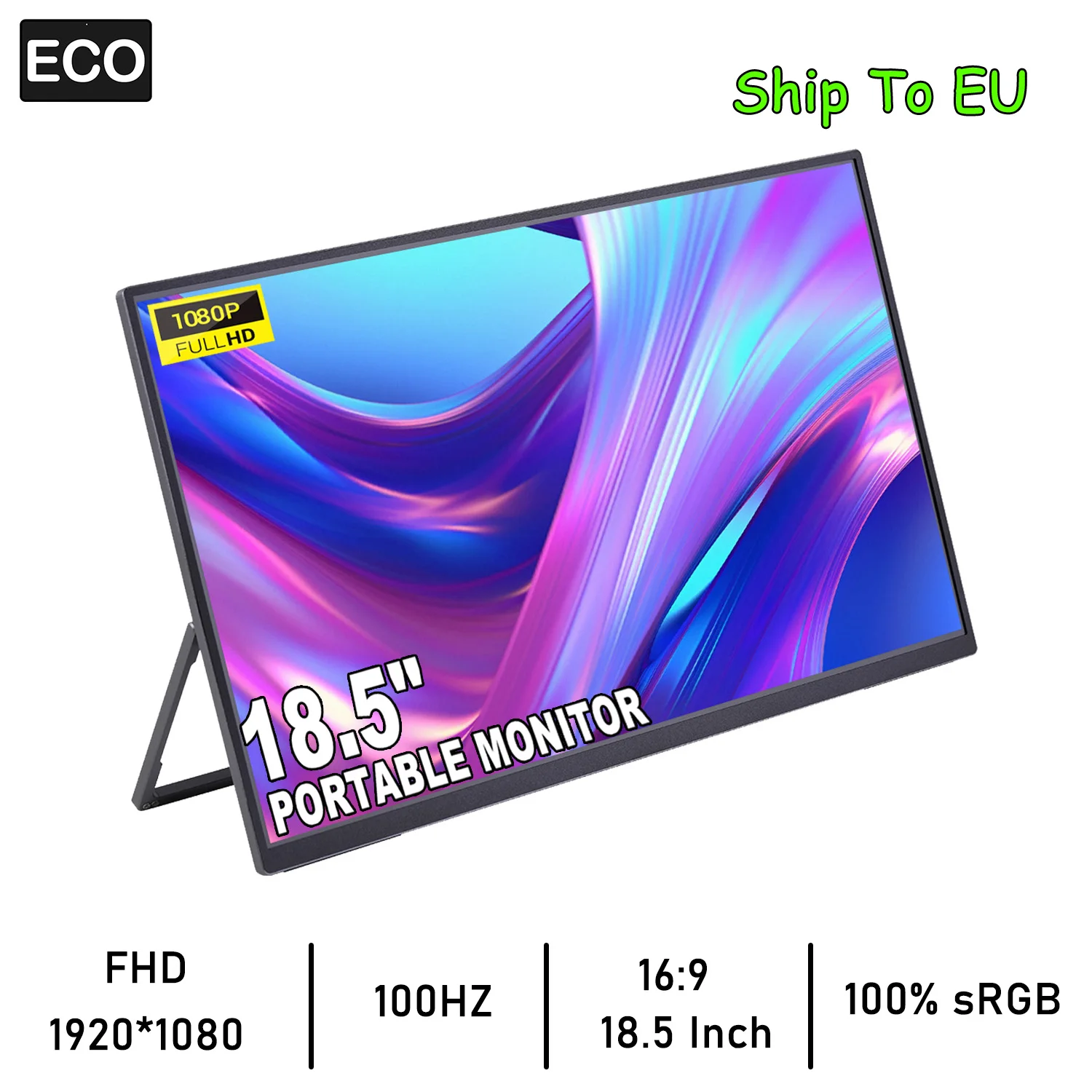 18.5" Portable Monitor FHD 1080P IPS USB-C Mini-HDMI External Second Screen for Mac Laptop PC Switch Xbox PS4/5 Xbox To EU