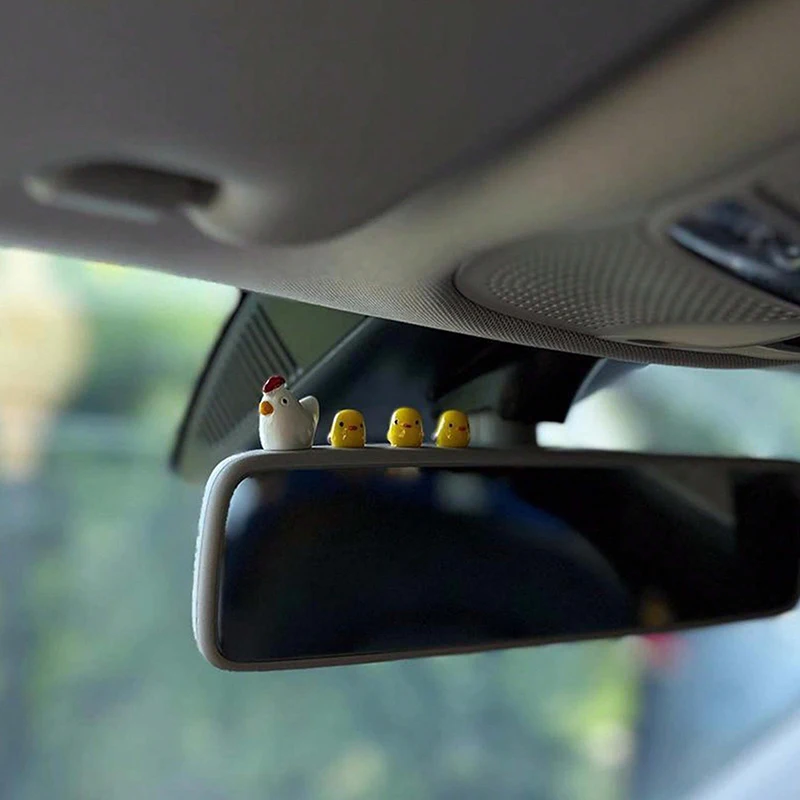 5PC Car interior decoration accessories, cute female cartoon figurines, rear mirror, air outlet, mini yellow chicken-4