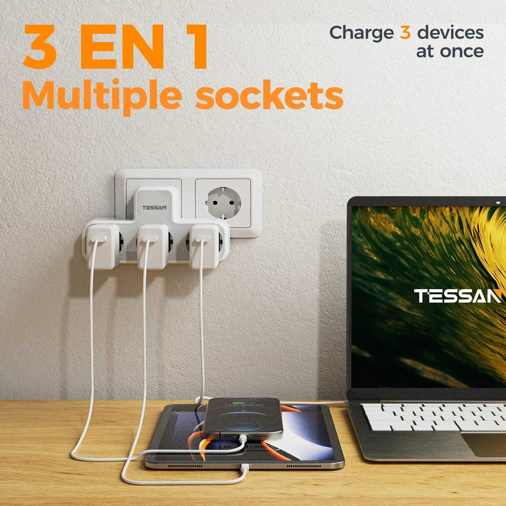 TESSAN Multiple Wall Socket with 3 AC Outlets Charging Ports EU Plug Wall Power Strip with Overload Protection 3fach Stecker Eu-2