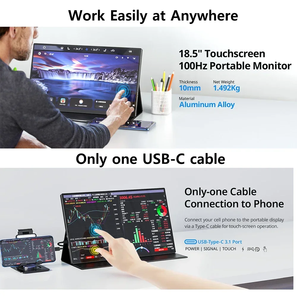 XIANWEI Portable Touch Monitor 18.5 inch 100%sRGB FHD 100Hz Gaming External Display Screen For Laptop Phone PC XBox PS4/5 Switch-5