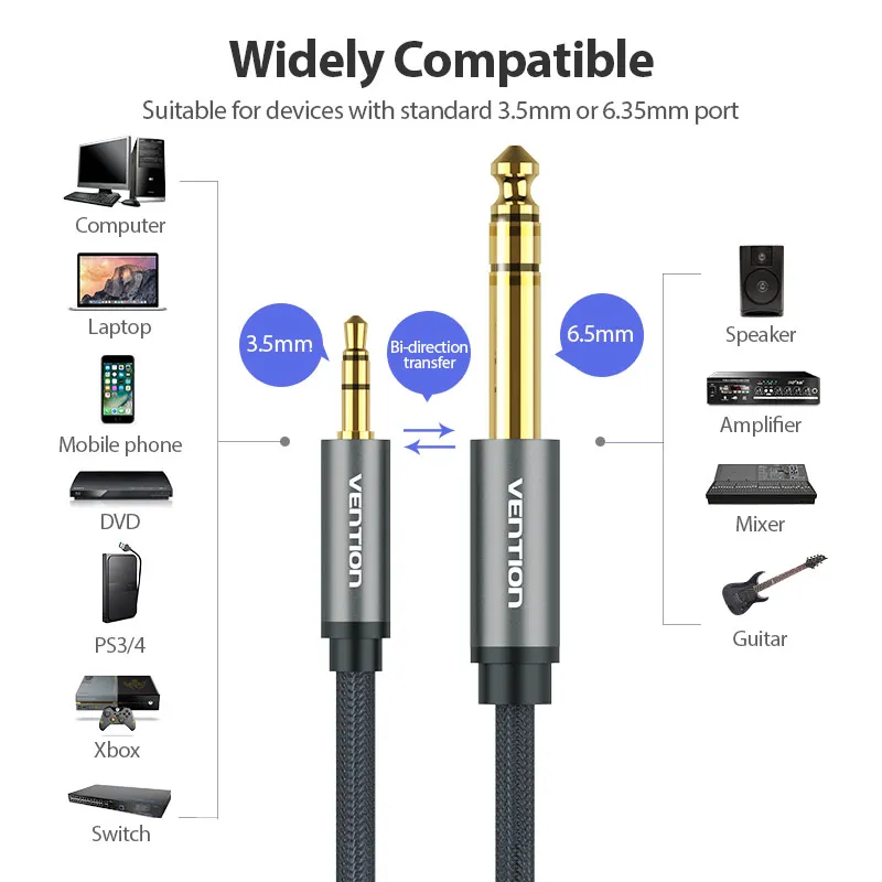 Vention Male to Male 3.5 mm to 6.35 mm Adapter Aux Cable for Mixer Amplifier Gold Plated 3.5 Jack to 6.5 Jack 3m 5m 10m Aux Cabo-6