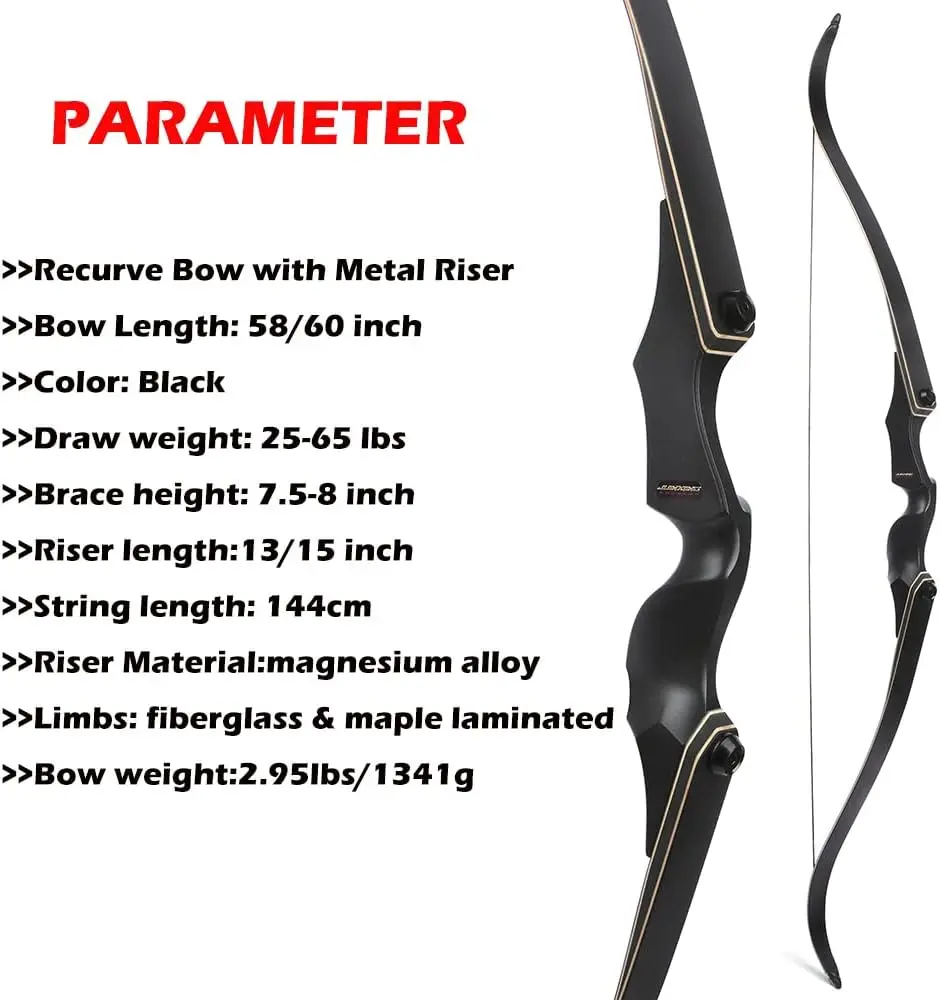 58/60 Inch Archery Takedown Recurve Bow for Adults/Youth 25-65Lbs American Hunting Bow Magnesium Alloy Metal Riser Right Handed-4