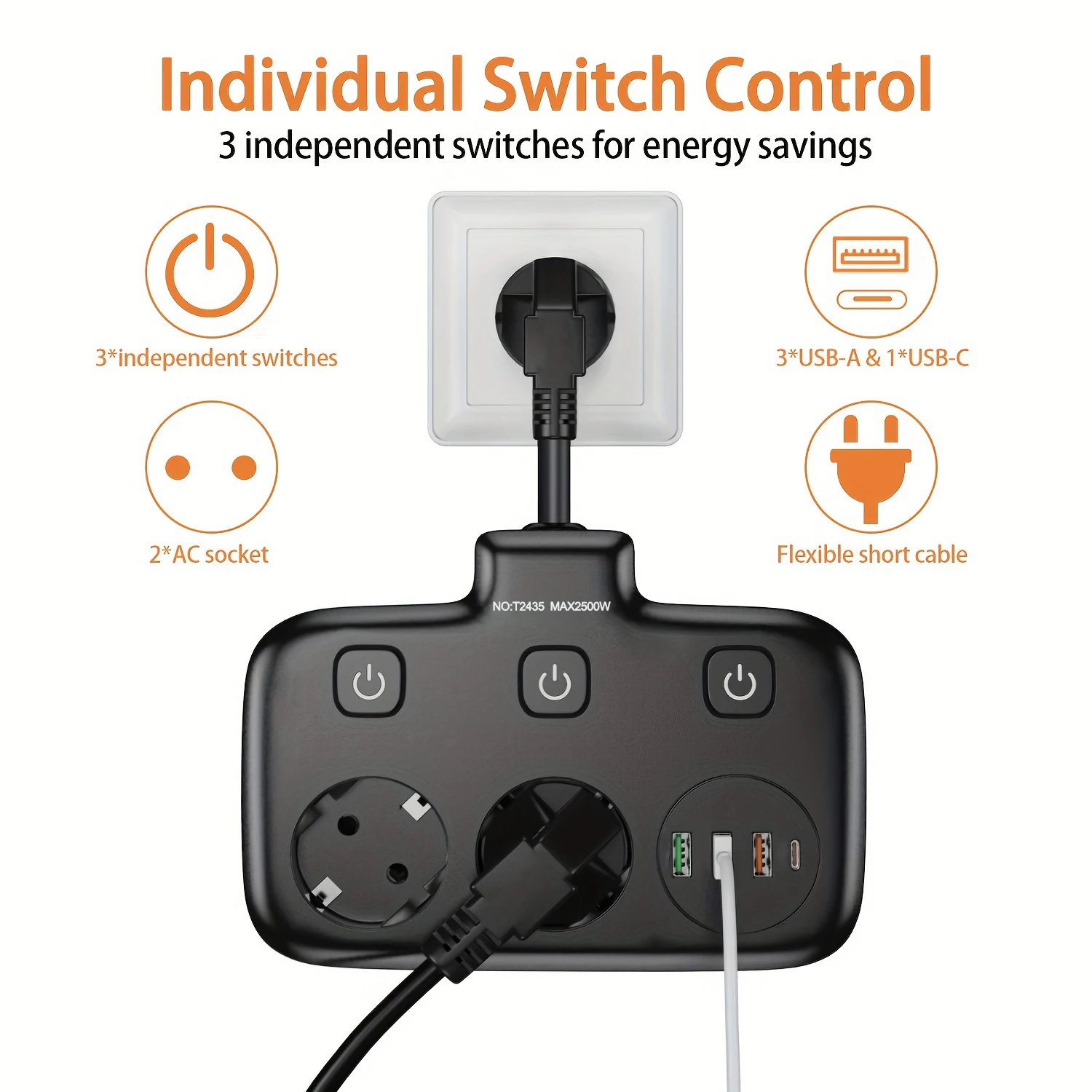 EU KR Plug Power Strip AC Outlets Multitap Electrical Wall Socket Extension Cord With USB C Ports Fast Charging Network Filter-2