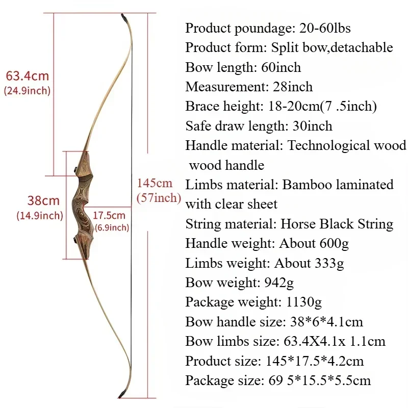 1PC 60 Inch Recurve Bow 20-60lbs Bamboo Core Limbs Wooden Riser Split Takedown Bow RH for Arrow Shooting Hunting Target-5