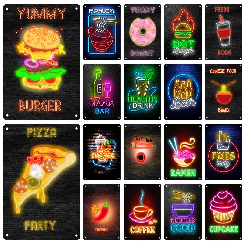 Neon Food Metal Poster Signage Tin Painting Pizza Burger Advertising Plaque Restaurant Bar Club Shop Wall Art Decorative Panel
