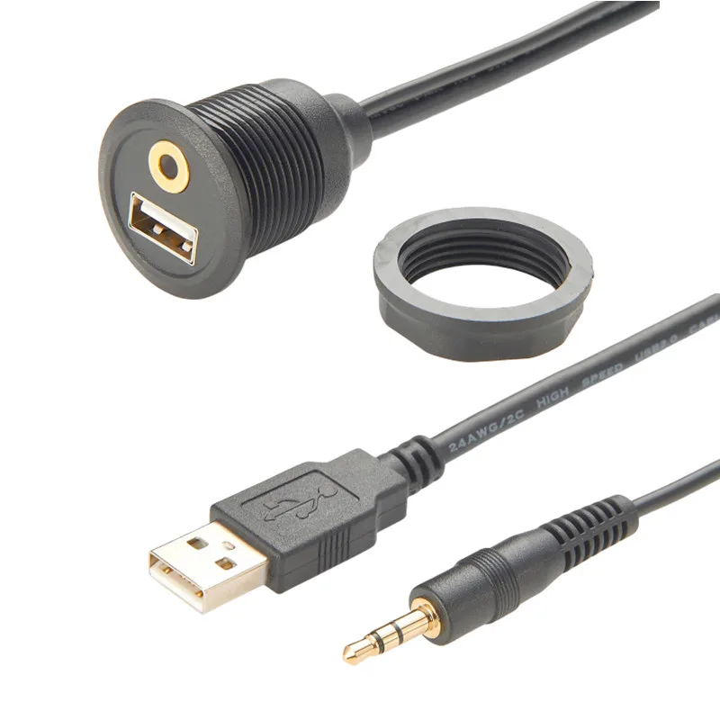 USB & 3.5mm Male to USB & 3.5mm Female Flush Mount Panel Mount Extension AUX Cable  Round Panel Mount 3.5mm&USB 2.0 Jack Cable