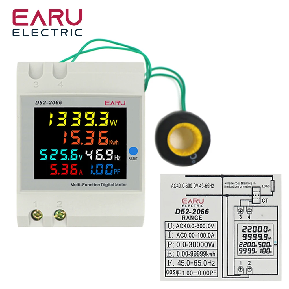 6IN1 Din Rail AC Monitor 110V 220V 380V 100A Voltage Current Power Factor Active KWH Electric energy Frequency Meter D52-2066-6