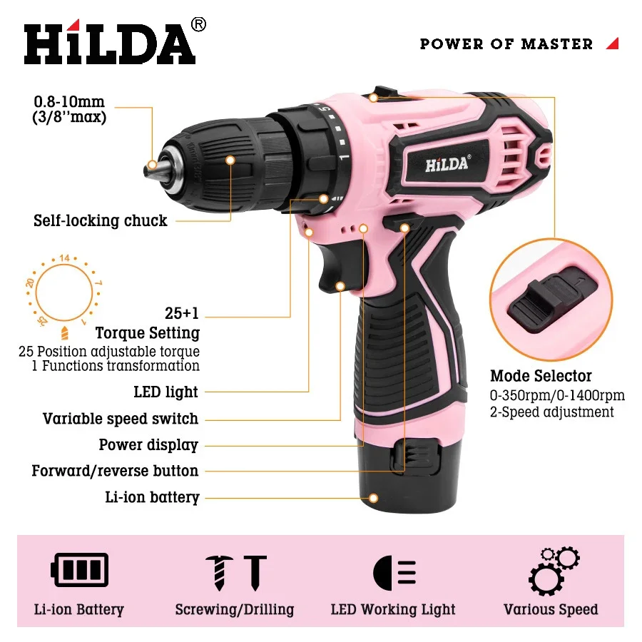HILDA Electric Drill 12V Cordless Drill Electric Screwdriver Mini Wireless Power Driver DC Lithium-Ion Battery-4