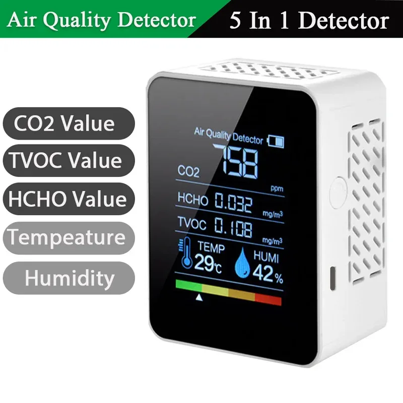 Multifunctional 5in1 CO2 Meter Digital Temperature Humidity Tester Carbon Dioxide TVOC HCHO Detector Air quality Monitor-4