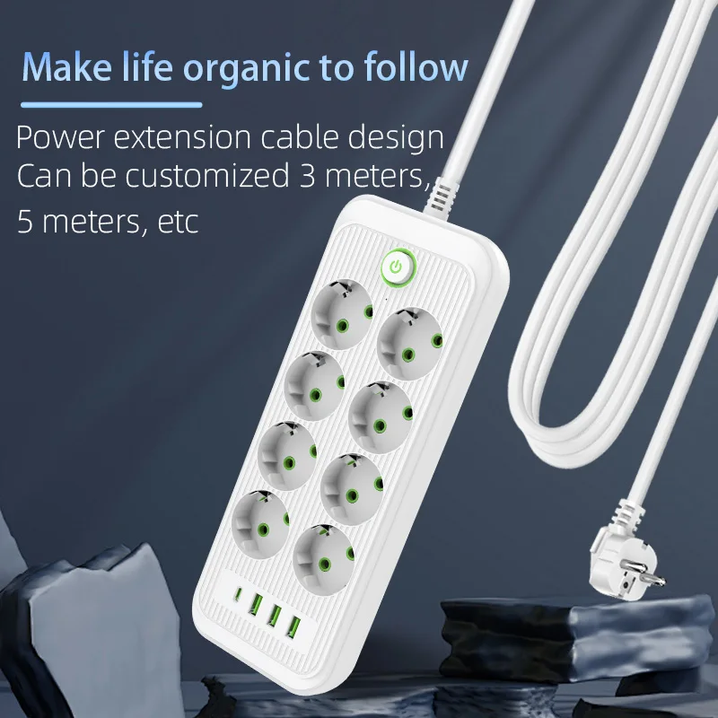 Smart Power Strip EU Plug AC Outlet Multiprise Extension Cord Electrical Socket Network Filter With 3USB Type C PD Fast Charging-2