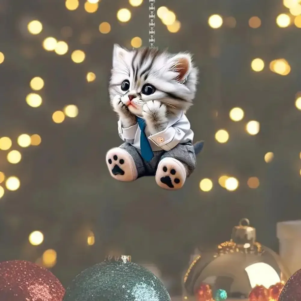 Car Pendant Hanging Ornament With Chain Realistic Animal Cat-Shaped Rearview Mirror Hanging Decor Car Interior Accessories-3