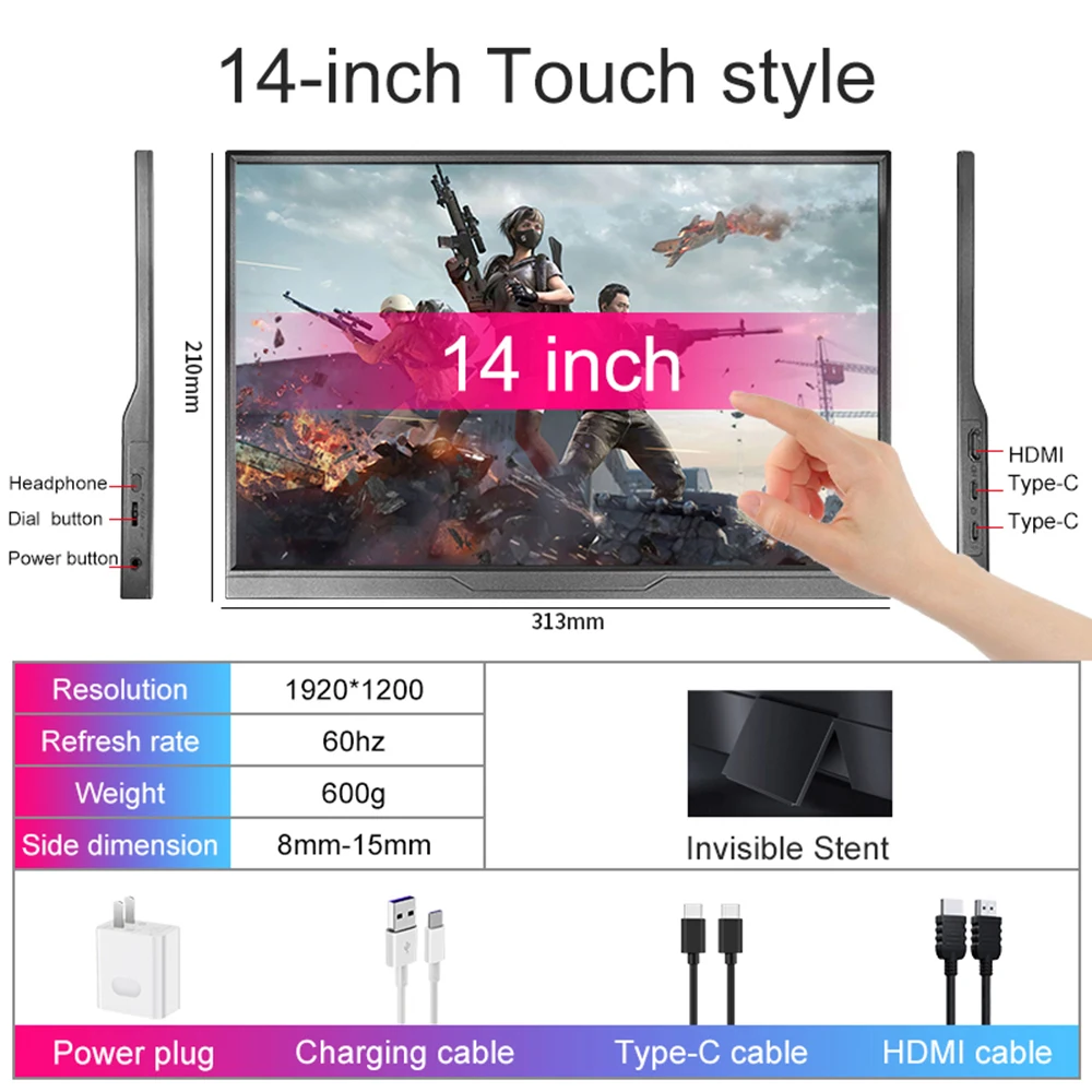 LANLIPU 14 Inch Portable Monitor  Touch Screen 16:10 400cd/m2 Gaming Computer Extend Display For XBox PS4/ 5 Switch Loptop-6