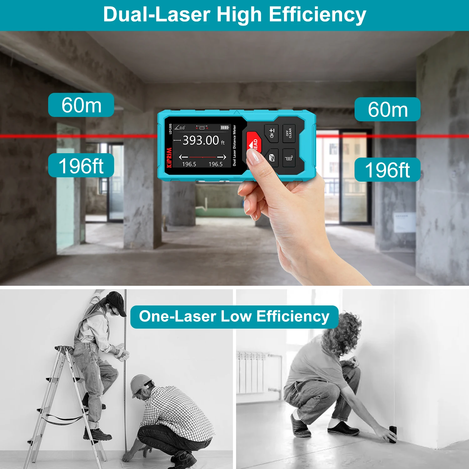 Kiprim Dual Laser Distance Meter Rechargeable Bilateral Laser Rangefinder 120m Digital Tape Measure Angle Measurment Tool-2