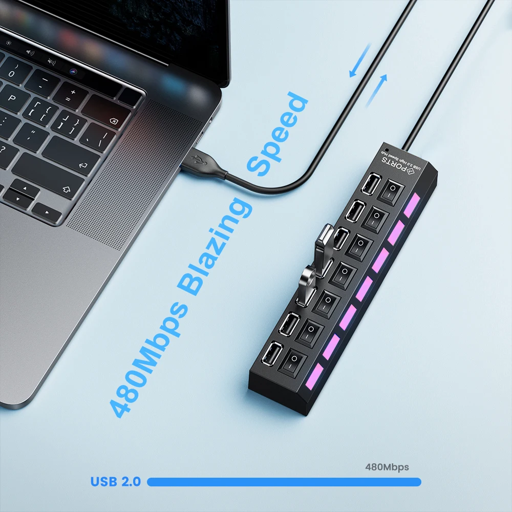 USB 2.0 Hub Multi USB Splitter Ports Hub Use Power Adapter 4/ 7 Port Multiple Expander Hub with Switch 30CM Cable For Home-3