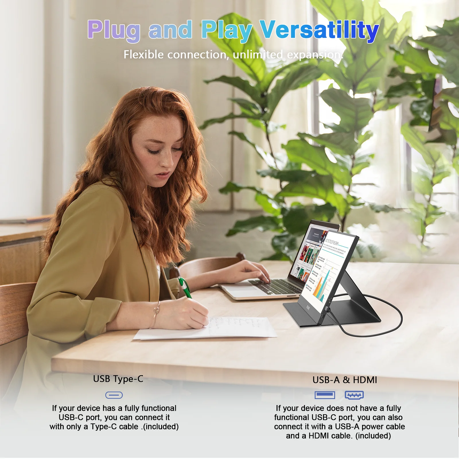 WUAWE 14inch Portable Monitor 1920*1080 USB-C HDMI and Type-C Travel Monitor, External Second Computer Monitor for PC Mac Phone-3