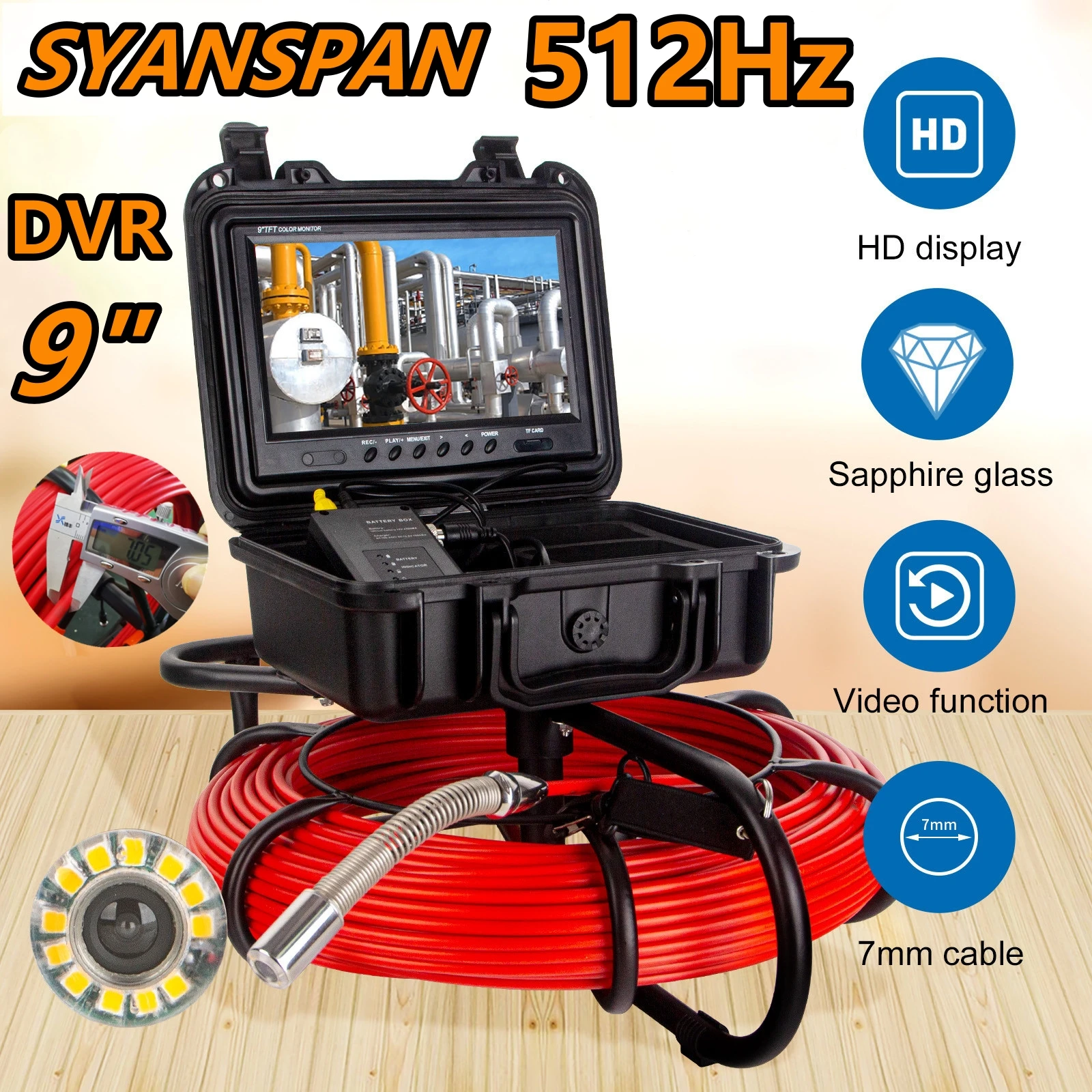 SYANSPAN 9" DVR 8GB 512Hz Transmitter Image Self-Leveling  Pipeline Location Endoscope,23mm Drain Pipe Inspection Camera IP68