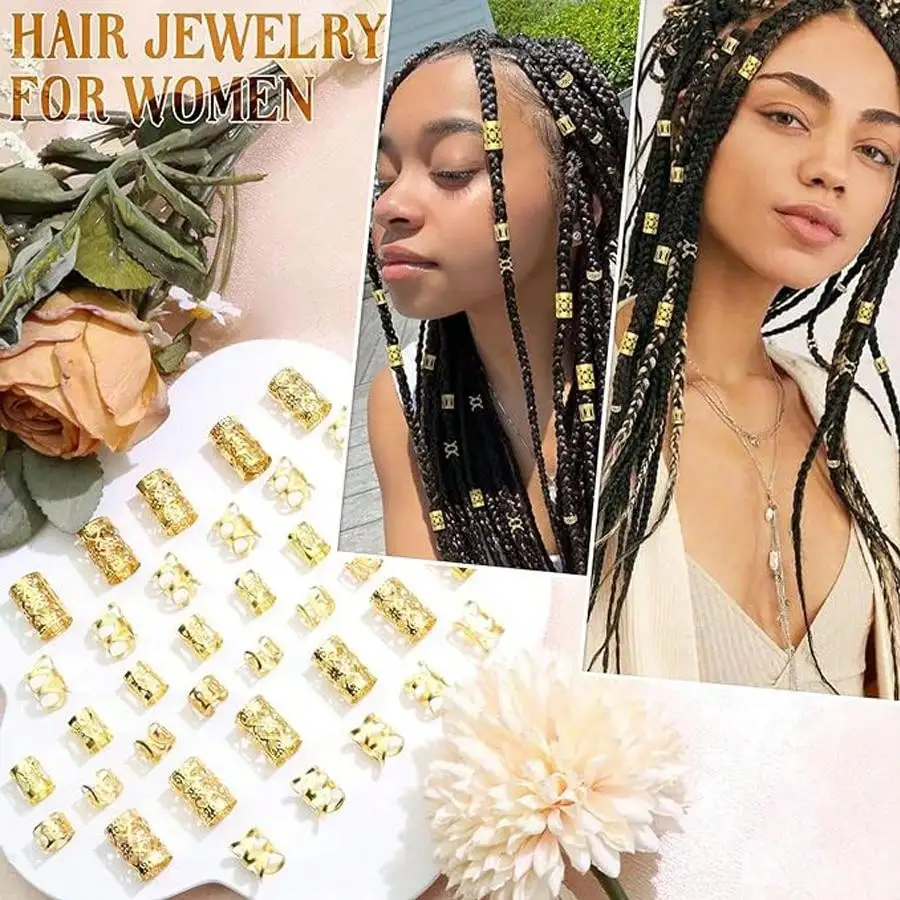 40PCS Alloy Hair Jewelry Hair Cuffs For Braids Metal Dreadlock Beads Hair Cuffs Rings Multi Style Braids Accessories-5