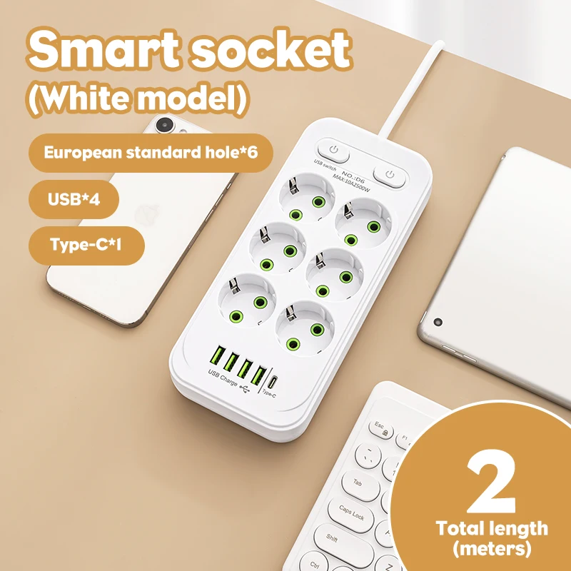 EU Plug AC Outlets Multitap Socket 2M Extension Cord Electrical Power Strip With USB Type C Fast Charging Network Filter Adapter-6
