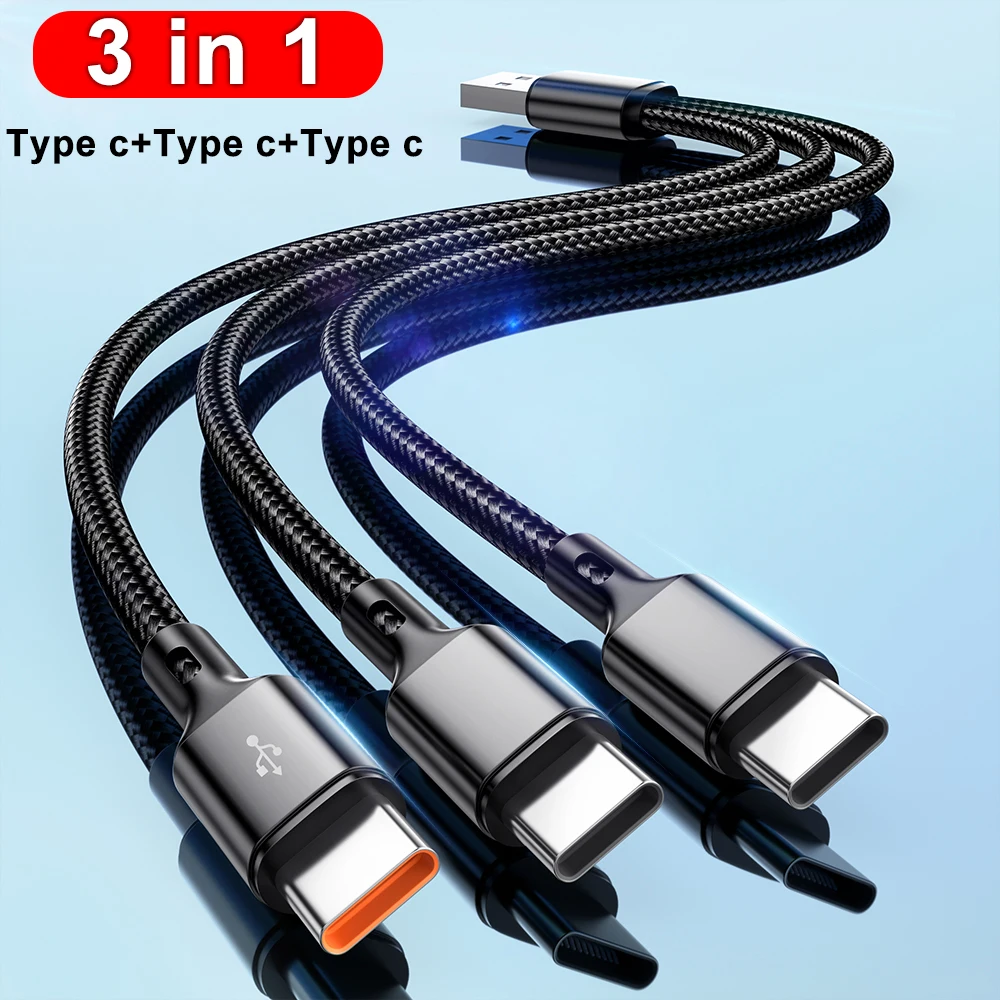 3 in1 USB to 3×Type - C Cable 100W 6A fast charge for Samsung S24 Xiaomi Huawei android phone usb c High-speed data transmission-2