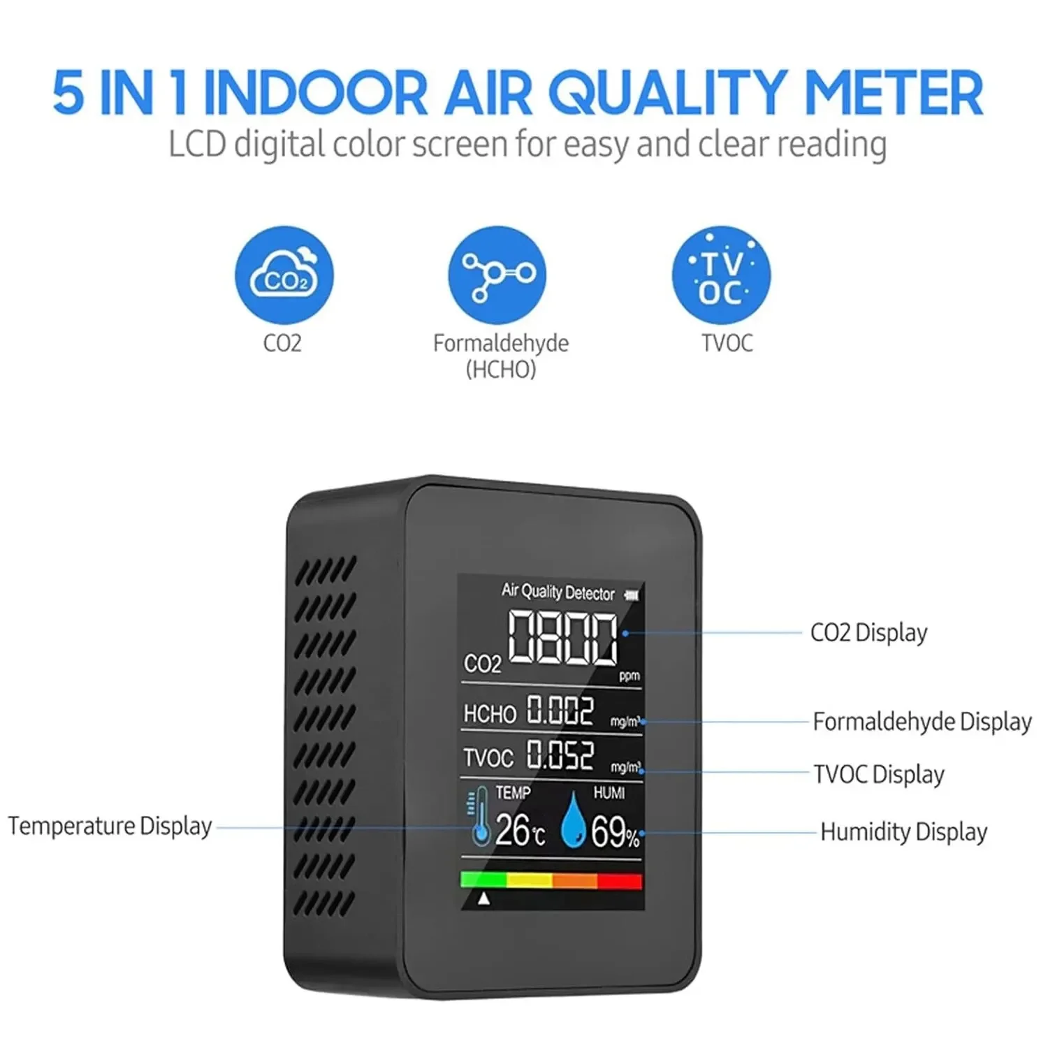 Multifunctional 5in1 CO2 Meter Digital Temperature Humidity Tester Carbon Dioxide TVOC HCHO Detector Air Quality Monitor-4