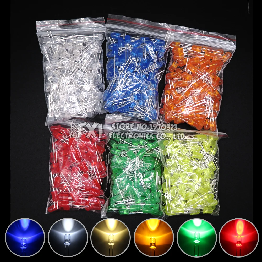 100PCS F5 LED Diode 5MM Assorted Kit White Green Red Blue Yellow Orange Pink Purple Warm White DIY kit Light Emitting Diode bxv-2