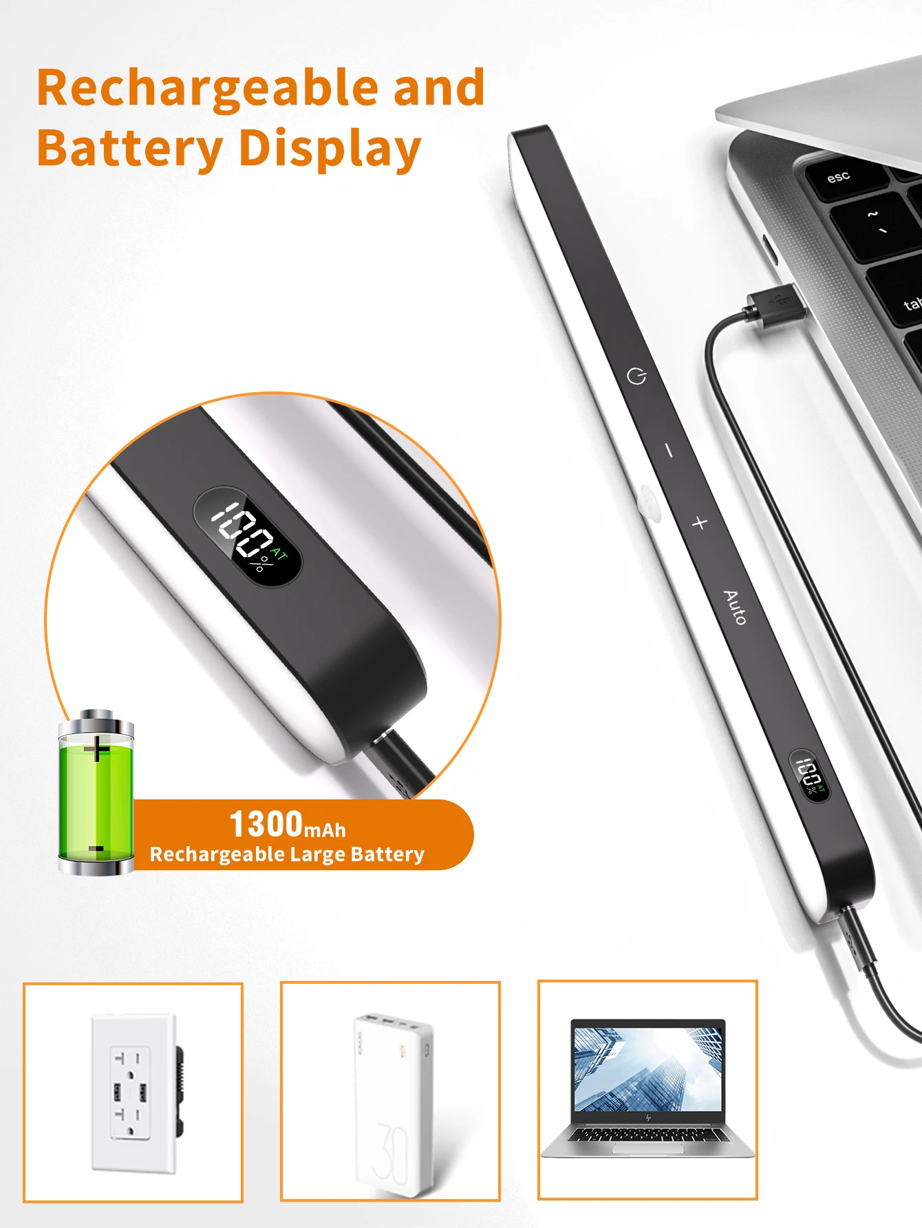 WILLED Motion Sensor Cabinet Warm Light Battery Display 60 LED Touch Light Bar Wireless Rechargeable Battery Night Light-4