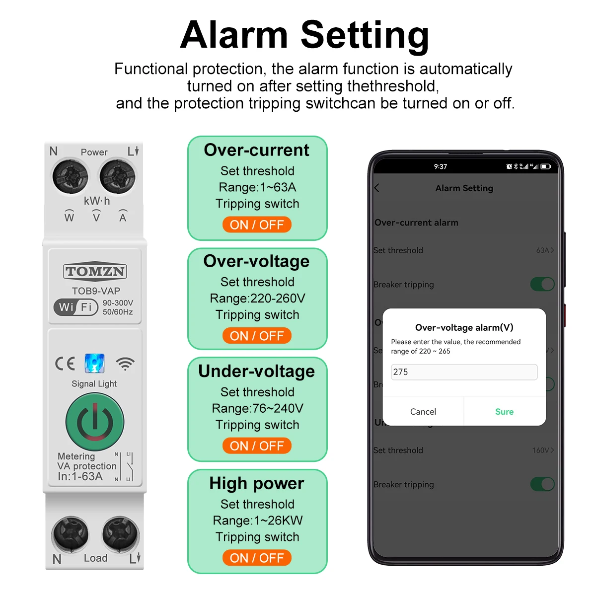 TOMZN 63A 1P+N WIFI Smart Switch Energy Meter Kwh Metering Monitoring Timer Relay MCB TUYA smartlife voltage current protection-6
